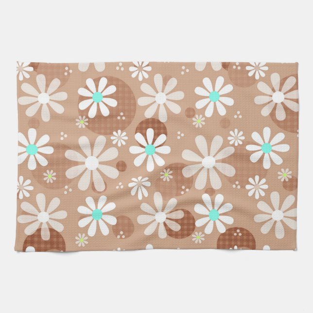 Girly Brown Daisy Flower Pattern Cute Aqua Dots Tea Towel (Horizontal)