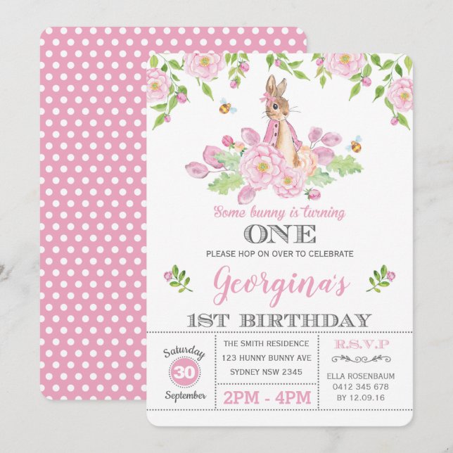 Girly Bunny 1st Birthday Party Pink Garden Floral Invitation (Front/Back)