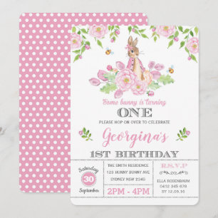 Girly Bunny 1st Birthday Party Pink Garden Floral Invitation