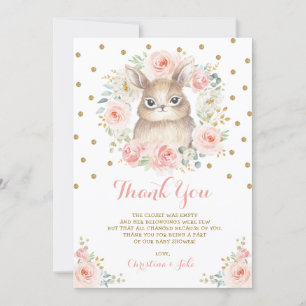 Girly Bunny Blush Pink Gold Floral Baby Shower Thank You Card
