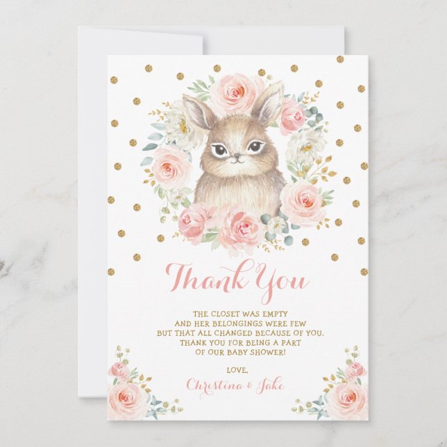 Girly Bunny Blush Pink Gold Floral Baby Shower Thank You Card (Front)