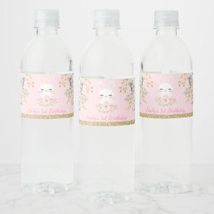 Girly Bunny Rabbit Pink Gold Floral Birthday Favou Water Bottle Label