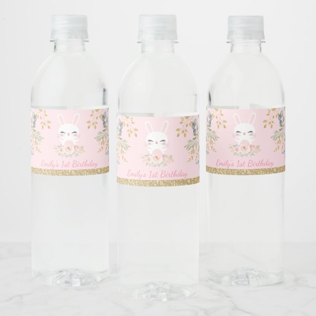 Girly Bunny Rabbit Pink Gold Floral Birthday Favou Water Bottle Label (Bottles)