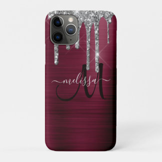 Girly Burgundy Brushed Metal Dripping Glitter Name iPhone 11 Pro Case