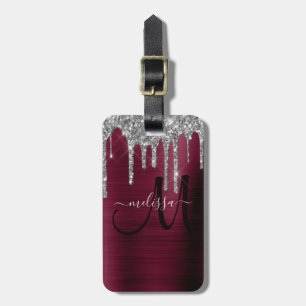 Girly Burgundy Dripping Glitter Brush Metal Name Luggage Tag