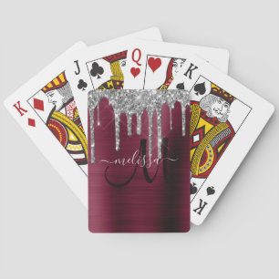 Girly Burgundy Dripping Glitter Brush Metal Name Playing Cards