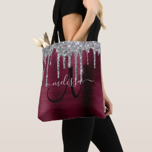 Girly Burgundy Dripping Glitter Brush Metal Name Tote Bag