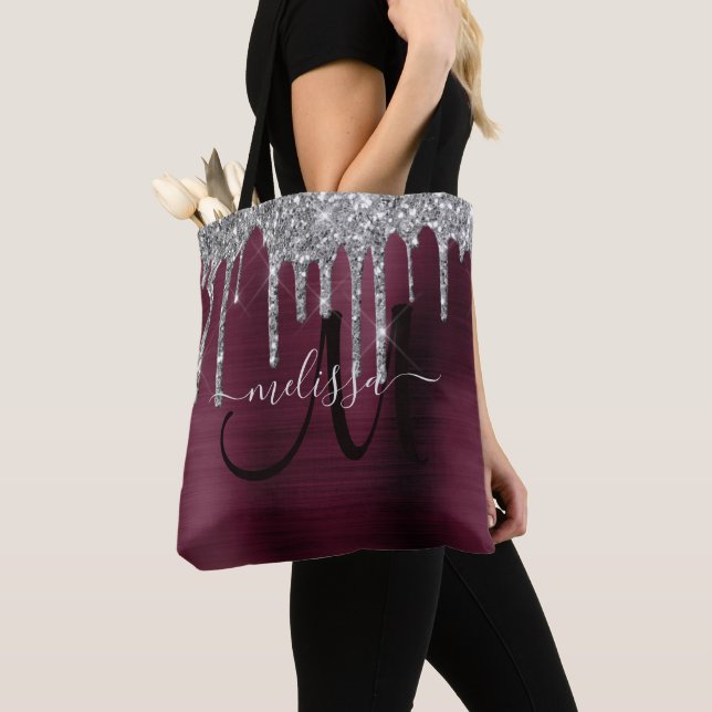 Girly Burgundy Dripping Glitter Brush Metal Name Tote Bag (Close Up)