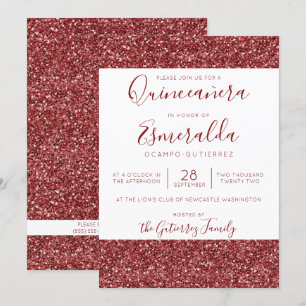 Girly Burgundy Glitter Sparkle Quinceanera Invitation