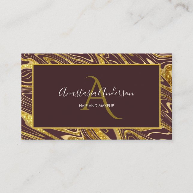 Girly Burgundy Gold Marble Glitter Glam Monogram Business Card (Front)
