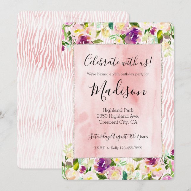 Girly Burgundy Pink Watercolor Floral Animal Print Invitation (Front/Back)