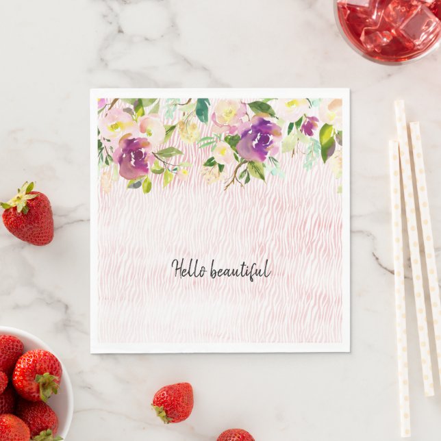 Girly Burgundy Pink Watercolor Floral Animal Print Napkin (Insitu)