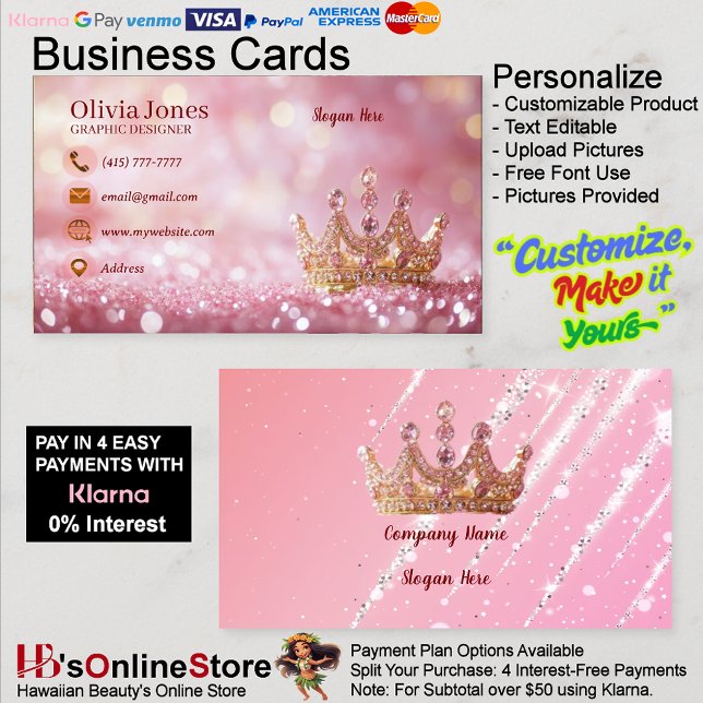 Girly Business Trendy Glitter Elegant Crown  Business Card (Girly Business Trendy Glitter Elegant Crown Business Card 30.)