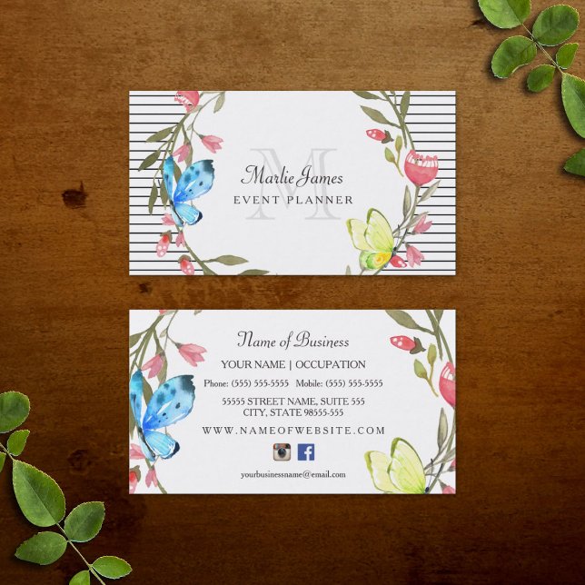 Girly Butterfly Floral and Stripes Event Planner Business Card (Girly Butterfly Floral and Stripes Event Planner Business Cards)