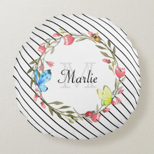 Girly Butterfly Floral Thin Black Stripes and Name Round Cushion
