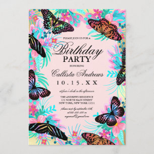 Girly Butterfly Flowers Leaves Watercolor Birthday Invitation