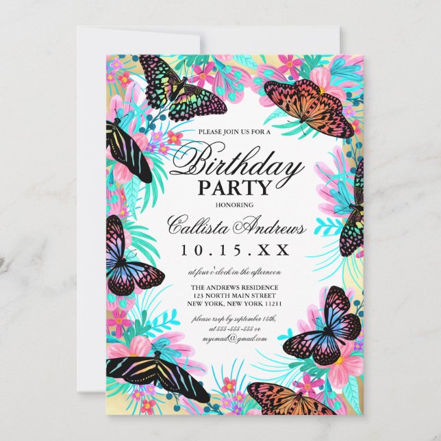 Girly Butterfly Flowers Leaves Watercolor Birthday Invitation (Front)