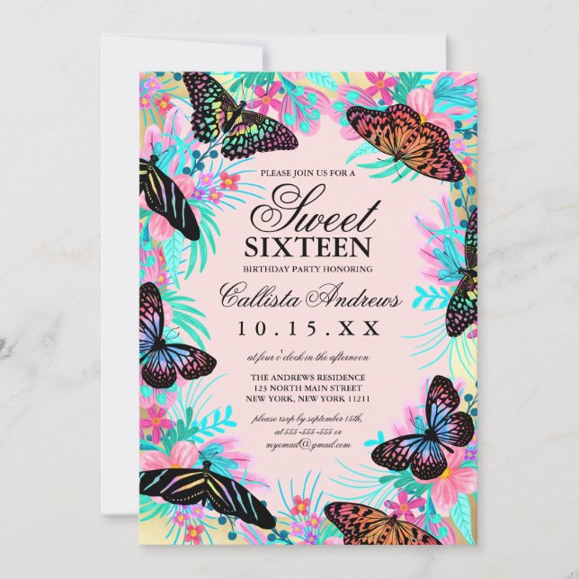 Girly Butterfly Flowers Leaves Watercolor Sweet 16 Invitation (Front)