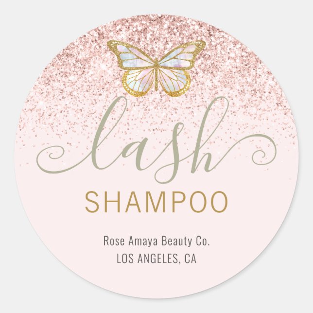 Girly Butterfly Pastel Pink Gold Lash Cleanser Classic Round Sticker (Front)