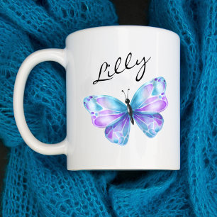 Girly Butterfly Script Monogram Name Coffee Mug