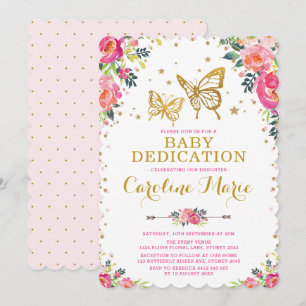 Girly Butterfly Watercolor Floral Baby Dedication Invitation