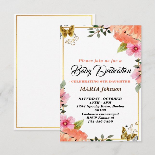Girly Butterfly Watercolor Floral Baby Dedication  Invitation (Front/Back)