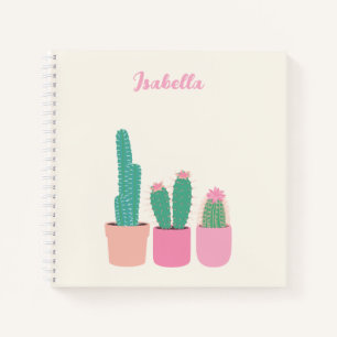 Girly Cactus Houseplant Spiral Notebook with Name
