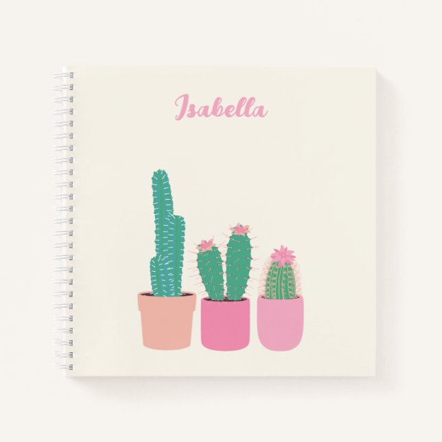 Girly Cactus Houseplant Spiral Notebook with Name (Front)