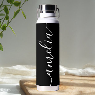 Girly Calligraphy Modern Black Water Bottle