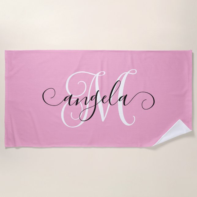 Girly Calligraphy Monogram Light Pink Beach Towel (Front)