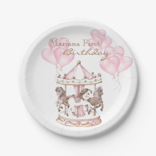 Girly Carousel Pink Unicorn First Birthday Paper Plate