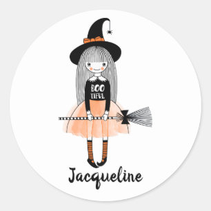 Girly cartoon witch broom hat bow boo personalise classic round sticker