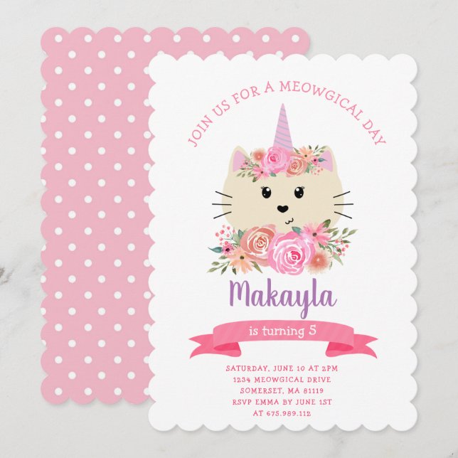 Girly Cat Unicorn Caticorn Meowgical 1st Birthday  Invitation (Front/Back)