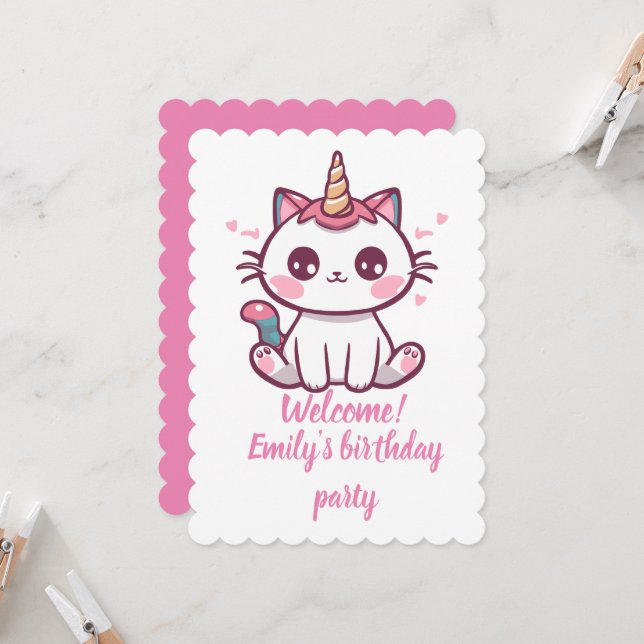 Girly Caticorn birthday Invitation (Front/Back In Situ)