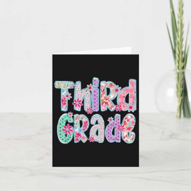 Girly Chequered Floral Third Grade Back To School  Card (Front)