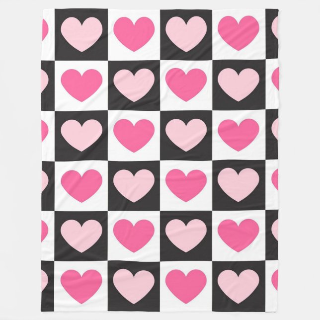 Girly Chequered Pink Hearts Luxury Fleece Blanket (Front)