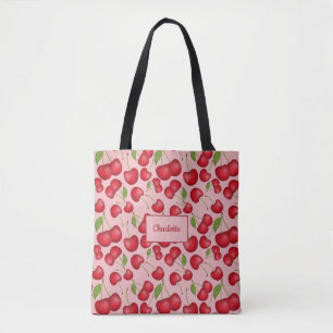 Girly Cherries pattern pink with personalise name Tote Bag