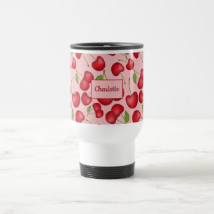 Girly Cherries pattern pink with personalise name Travel Mug