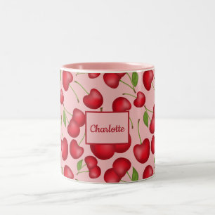 Girly Cherries pattern pink with personalise name Two-Tone Coffee Mug