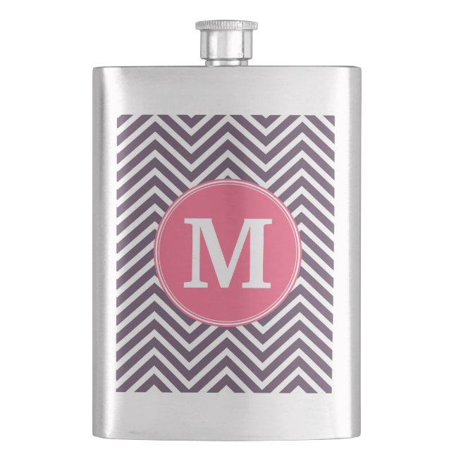 Girly Chevron Pattern with Monogram - Pink Purple Hip Flask (Front)