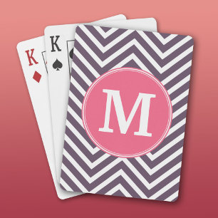 Girly Chevron Pattern with Monogram - Pink Purple Playing Cards