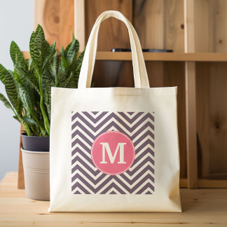 Girly Chevron Pattern with Monogram - Pink Purple Tote Bag