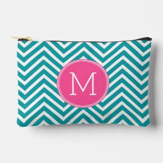 Girly Chevron Pattern with Monogram - Pink Teal Accessory Pouch