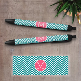 Girly Chevron Pattern with Monogram - Pink Teal Black Ink Pen