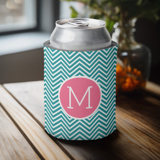 Girly Chevron Pattern with Monogram - Pink Teal Can Cooler