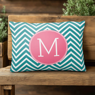 Girly Chevron Pattern with Monogram - Pink Teal Decorative Cushion
