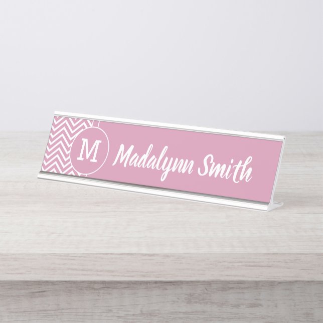 Girly Chevron Pattern with Monogram - Rose Pink Desk Name Plate (Front)