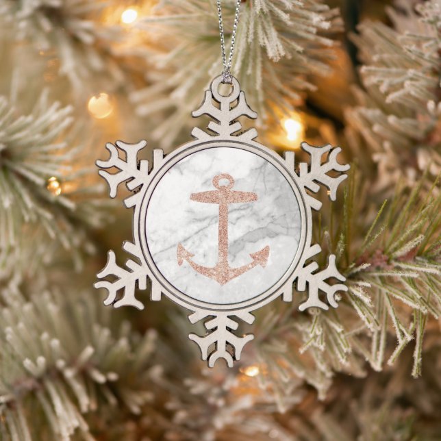 girly chic beach rose gold anchor white marble snowflake pewter christmas ornament (Tree)
