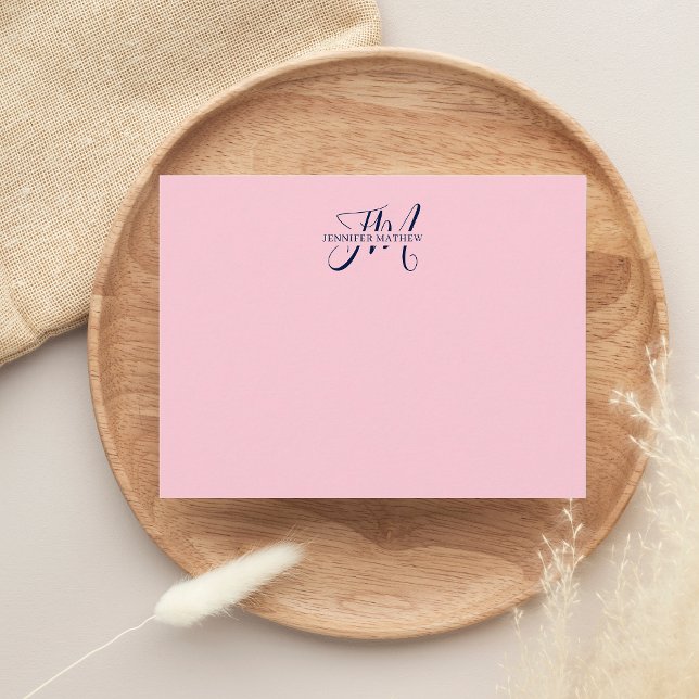 Girly Chic Blush Pink & Navy Blue Script Monogram Card (Creator Uploaded)