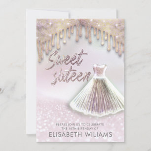 Girly chic dress drips glittery holographic invit invitation